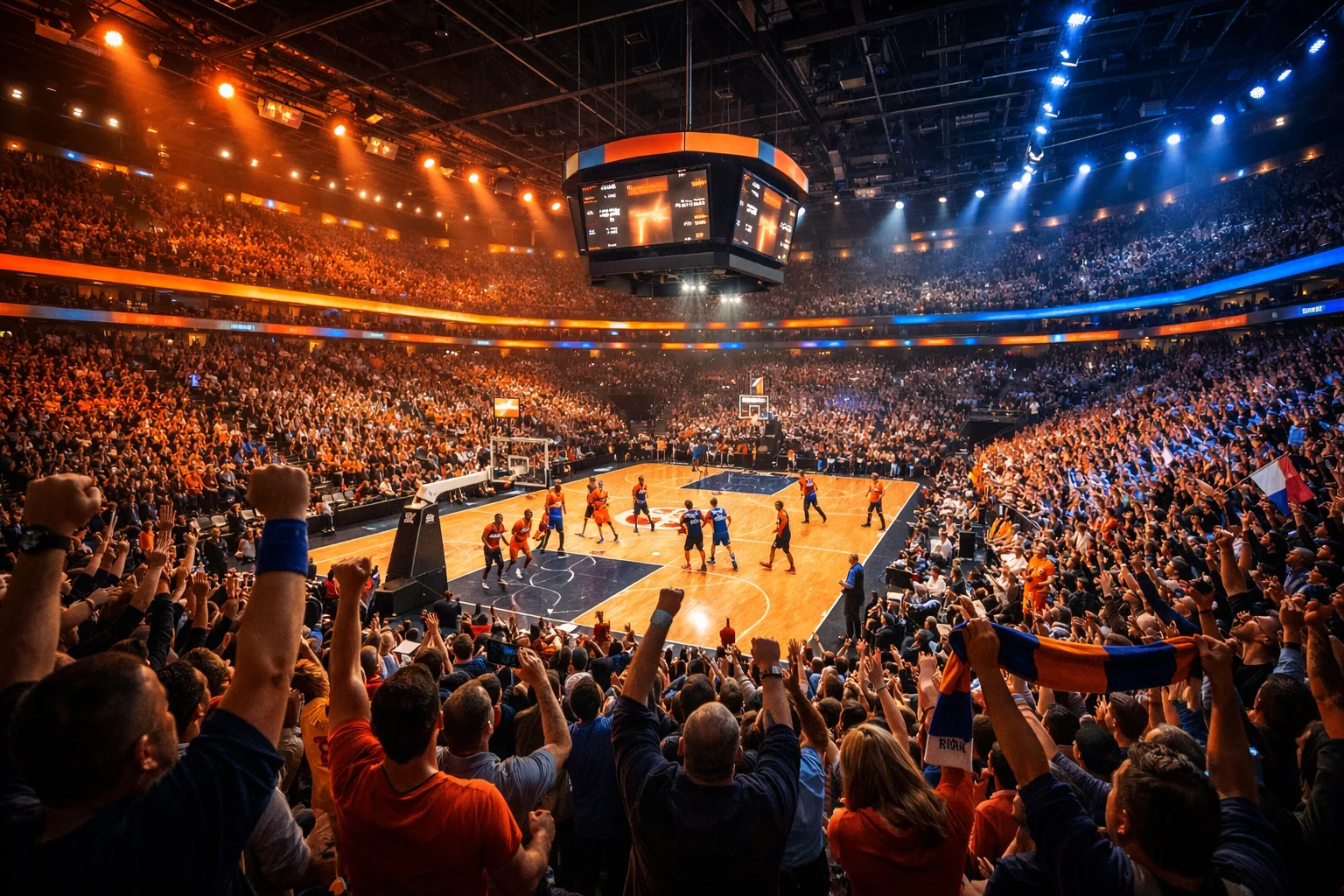 Packende Atmosphäre in einer voll besetzten europäischen Basketball-Arena während eines Spiels