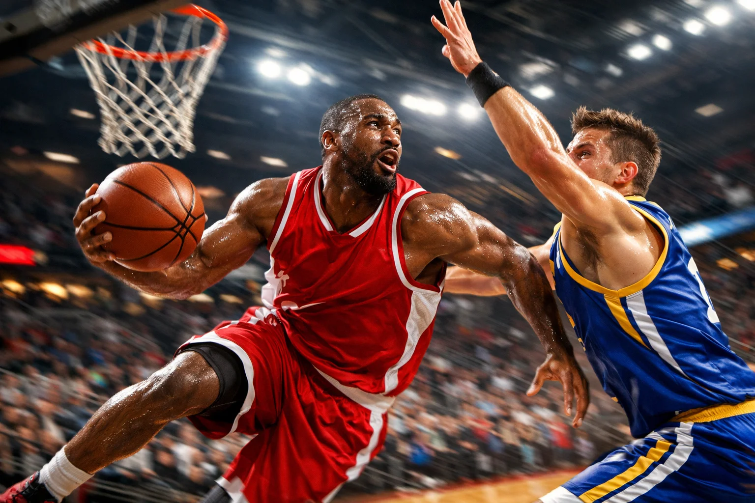 Dramatisches Basketball-Duell mit Spieler beim Korbleger gegen Verteidiger