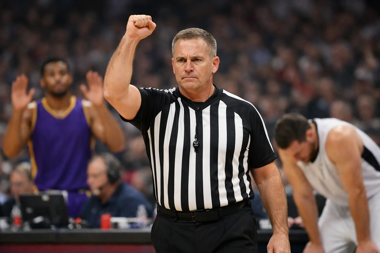 Schiedsrichter zeigt Foul an waehrend eines Basketballspiels mit Spielern und Trainer im Hintergrund