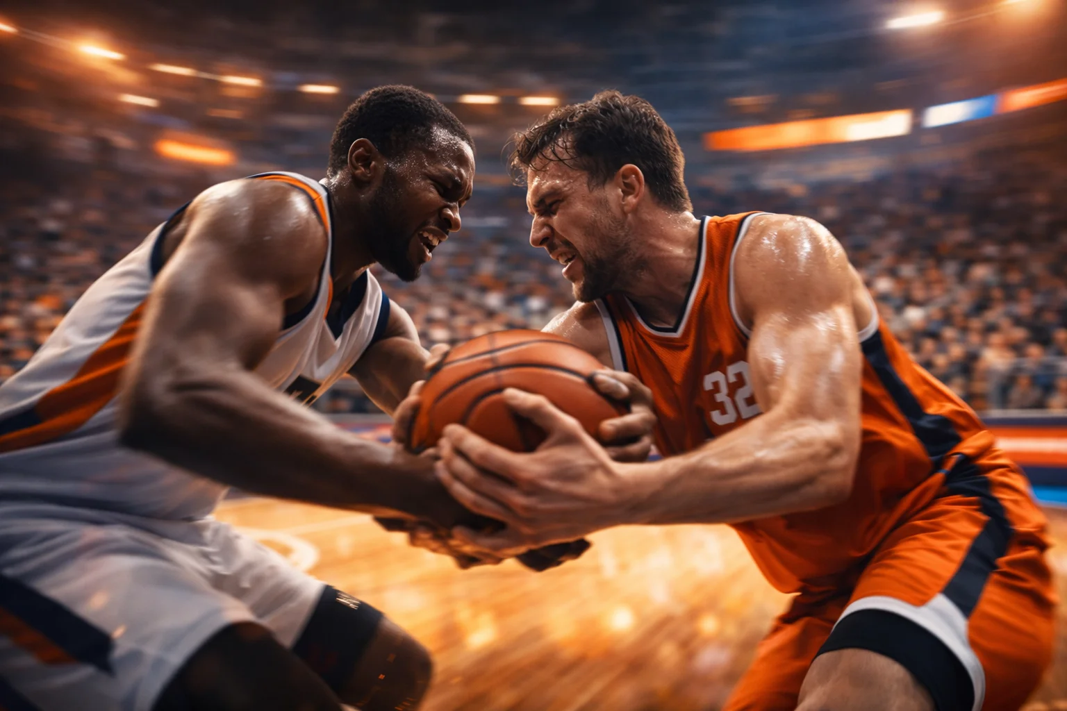 Dynamische Spielszene eines Basketball-Spiels mit intensivem Zweikampf aus Courtside-Perspektive