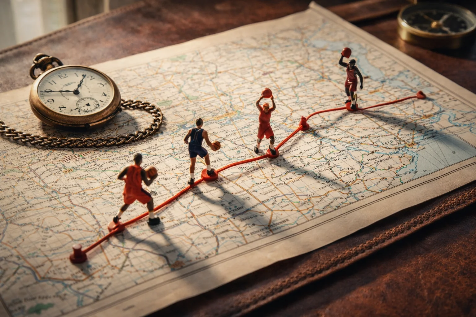 Strategische Spielplananalyse mit Uhr und Routenkarte fuer Basketball-Teams