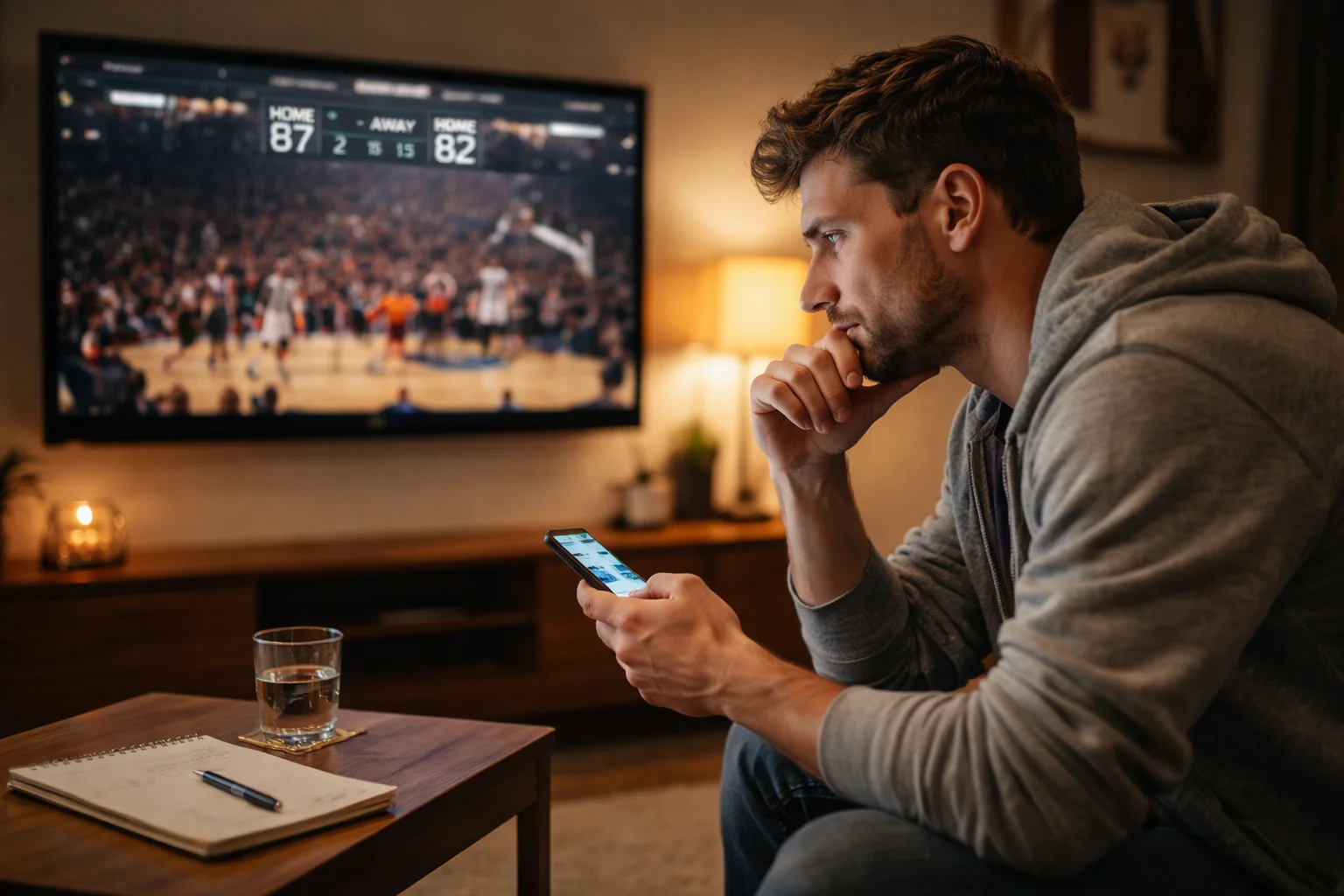 Fan verfolgt konzentriert ein Basketballspiel und analysiert den Spielstand auf der Anzeigetafel