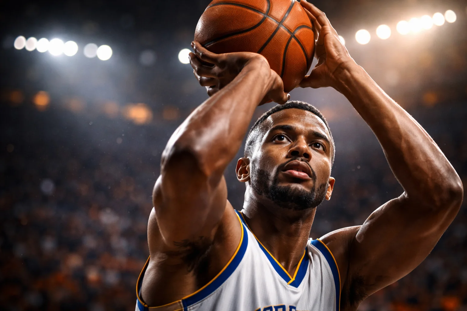 Fokussierter Basketball-Star beim Wurf mit voller Konzentration