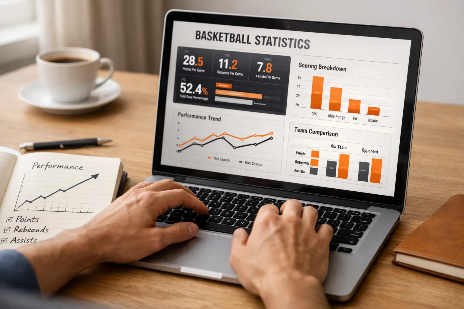 Professionelle Analyse von Basketball-Statistiken am Laptop mit Notizen