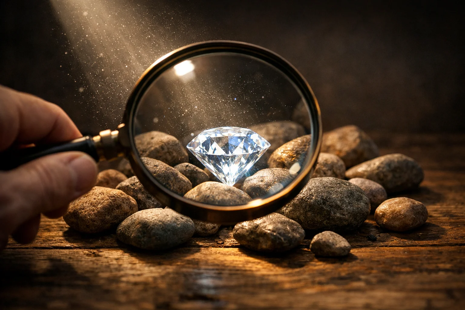 Symbolische Darstellung von Value-Erkennung mit Lupe und verstecktem Diamanten