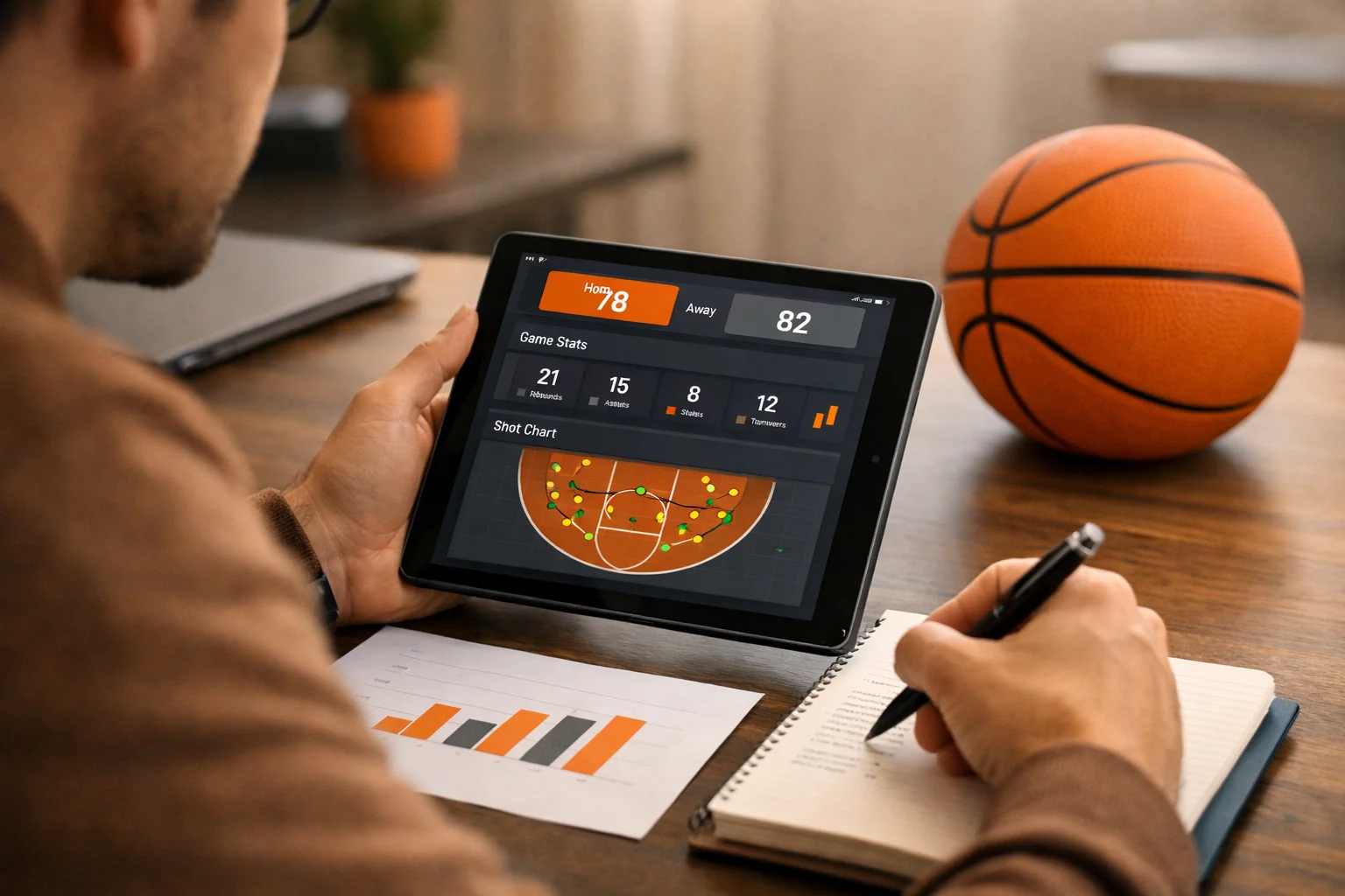 Strategische Planung von Basketball-Wetten mit Tablet und Notizen auf modernem Arbeitsplatz