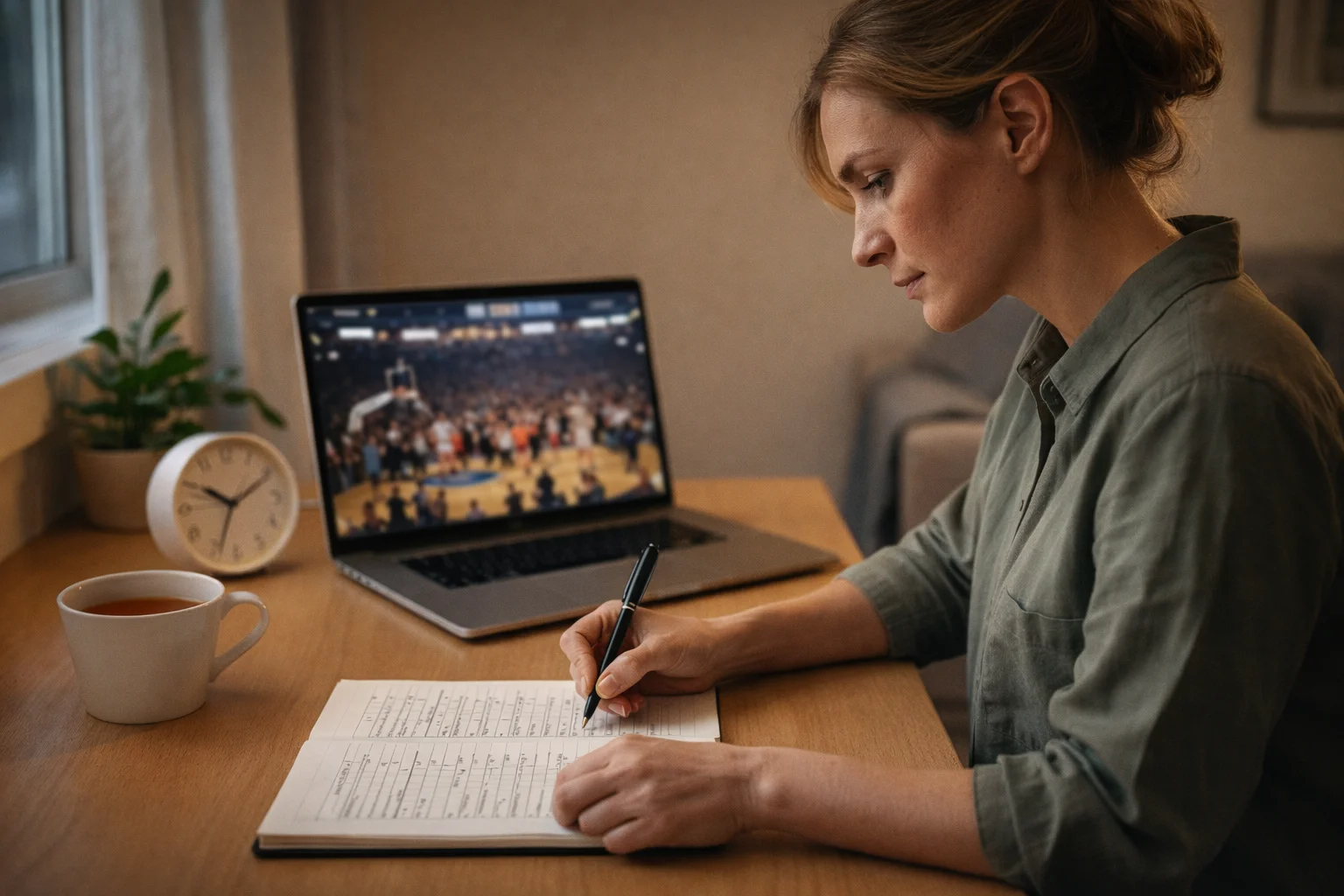 Person macht sich Notizen waehrend eines Basketballspiels mit konzentriertem und kontrolliertem Ausdruck