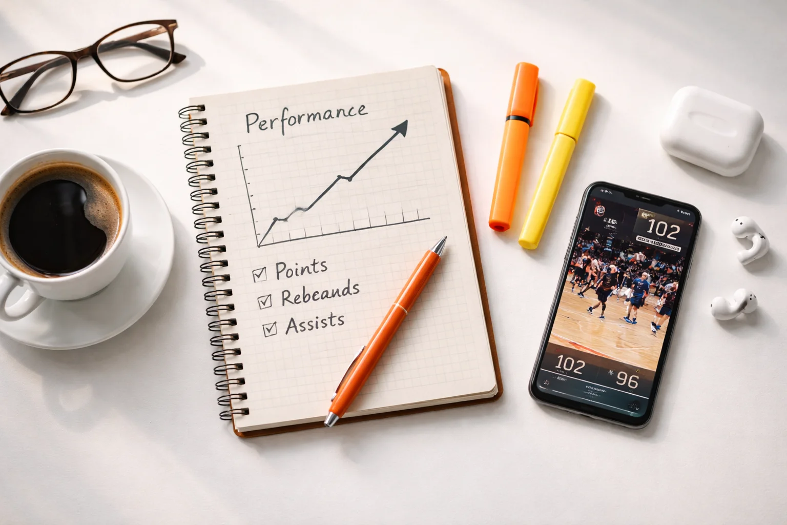 Organisierter Arbeitsplatz mit Notizbuch, Smartphone mit Basketball-Spiel und Dokumentation für erfolgreiches Wetten