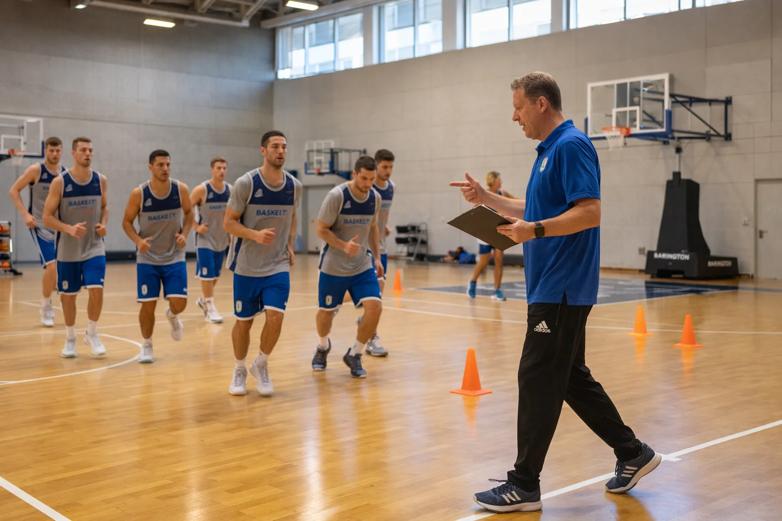 Professionelles Basketballteam beim Training in einer modernen deutschen Trainingshalle mit Traineranweisungen