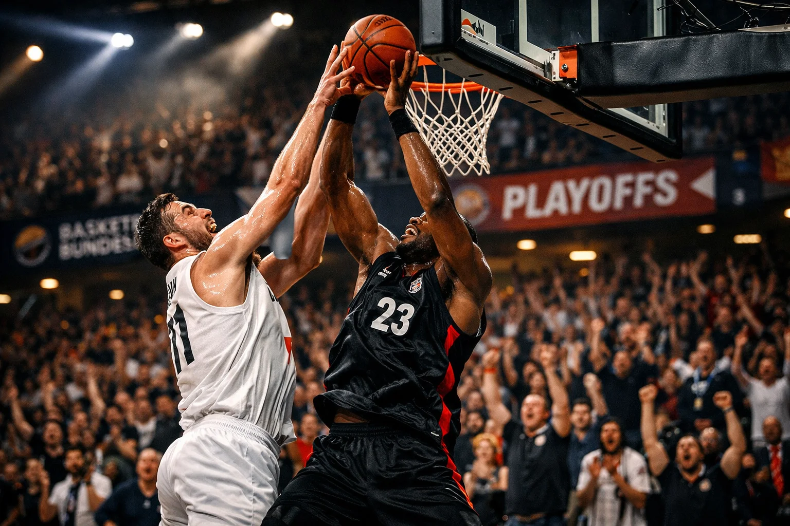 Entscheidender Moment in den BBL-Playoffs mit Spielern im Duell unter dem Korb und gespannten Fans