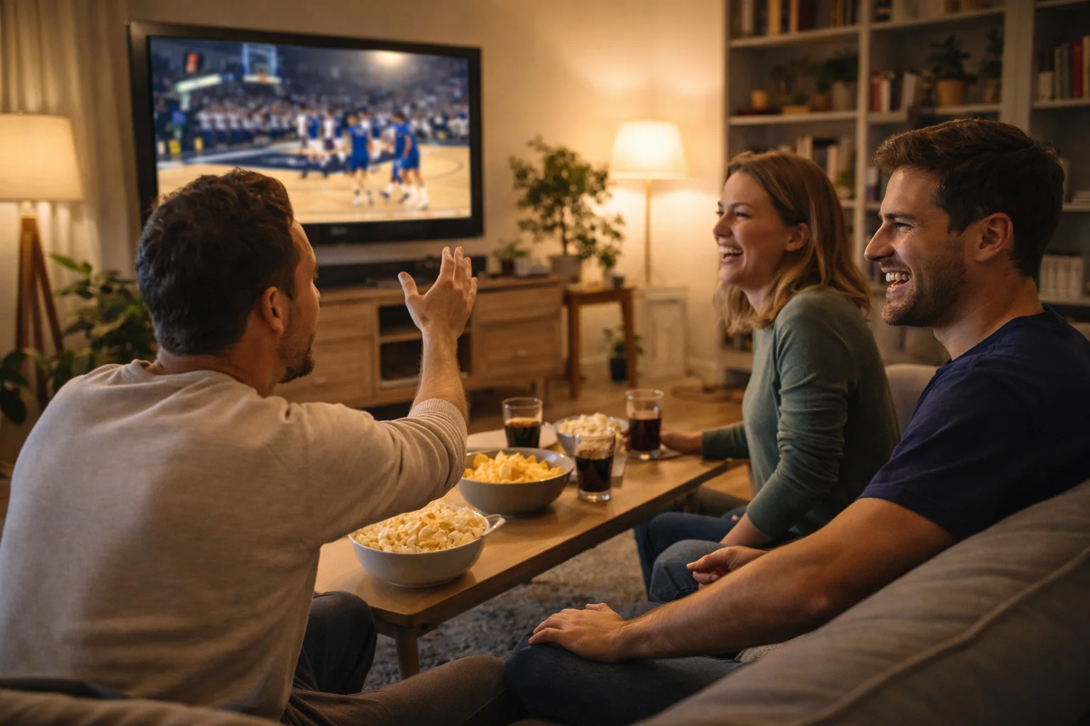 Person schaut entspannt ein Basketballspiel im Fernsehen mit Freunden in gemuetlicher Wohnzimmeratmosphaere