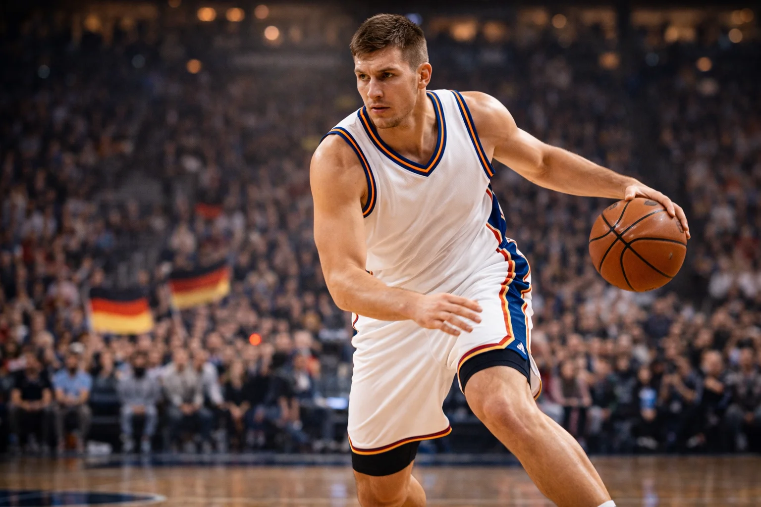 Deutscher Basketballspieler im NBA-Trikot beim Spielzug mit deutscher Flagge im Hintergrund der Arena