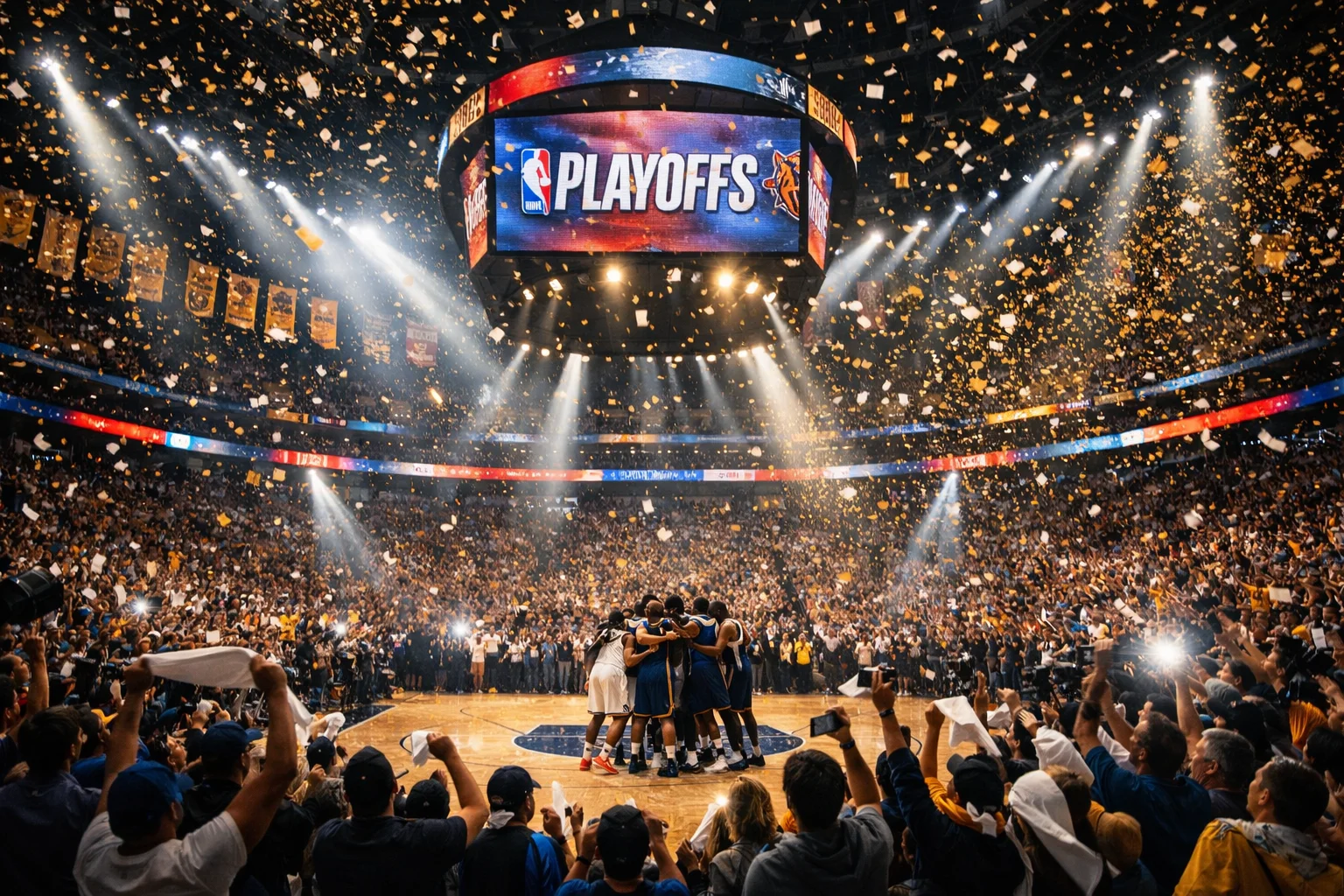 Elektrisierende NBA-Playoff-Atmosphaere mit Konfetti, jubelnden Fans und Spielern auf dem Parkett