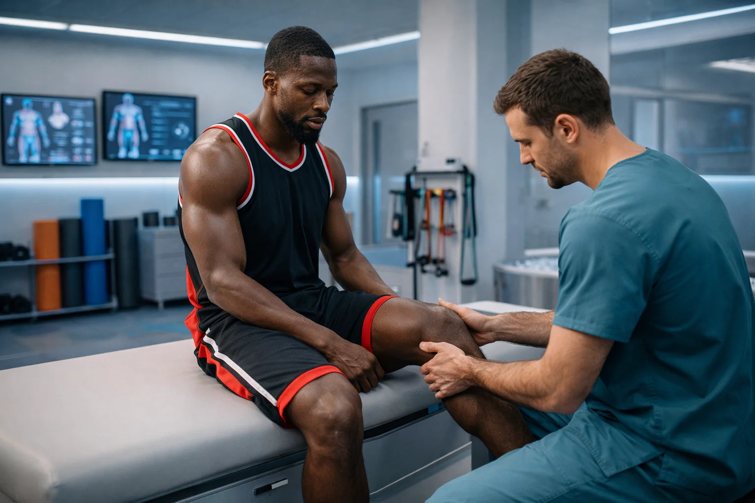 Professioneller Basketballspieler bei der Physiotherapie und Regeneration im modernen Trainingsraum