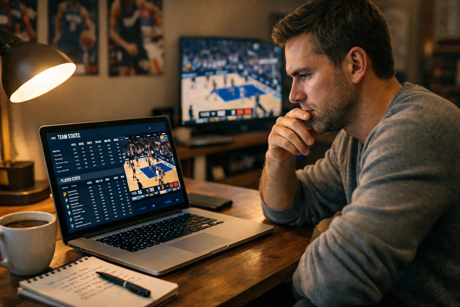 Person analysiert NBA-Statistiken am Laptop mit Notizen und Basketballspielen im Hintergrund